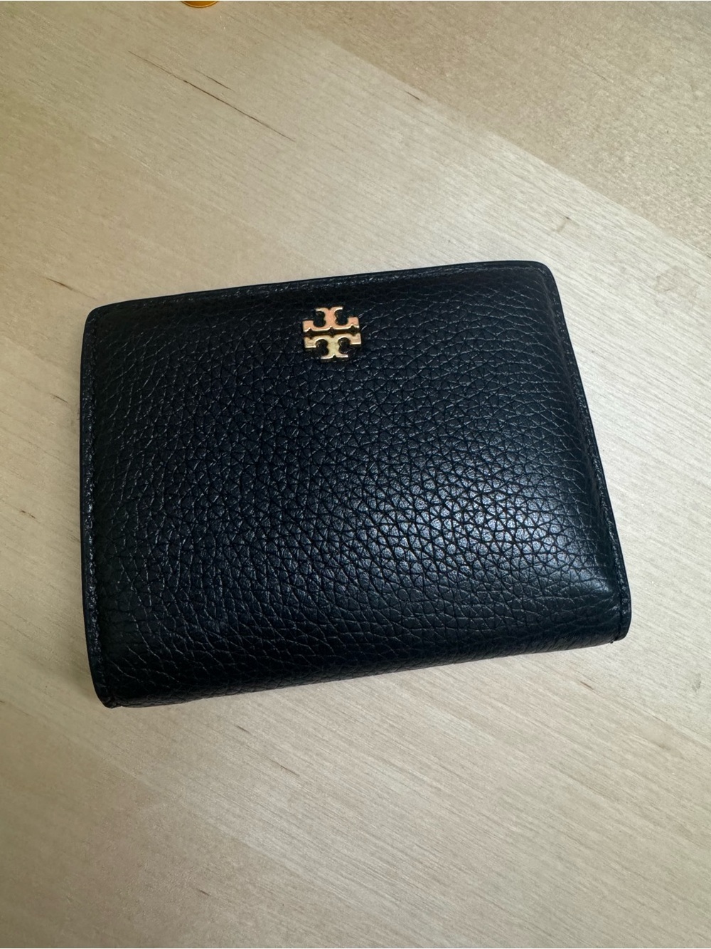 Tory Burch Black Pebbled Leather Compact Wallet with Gold Logo Accent
